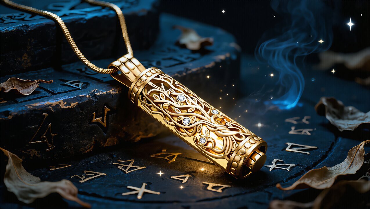 Mystische Schutzamulette mit Runen und goldenen Symbolen